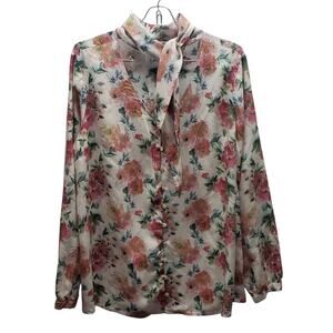 Tolani Collection Asha Watercolor Floral  Print Blouse Sz M Tie Neck Boho Resort